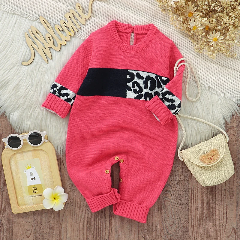 

Newborn Baby Romper Knitted Infant Girl Pink Jumpsuit Fashion Leopard Toddler Kid Clothes Long Sleeve 0-18M Overalls Autumn Warm