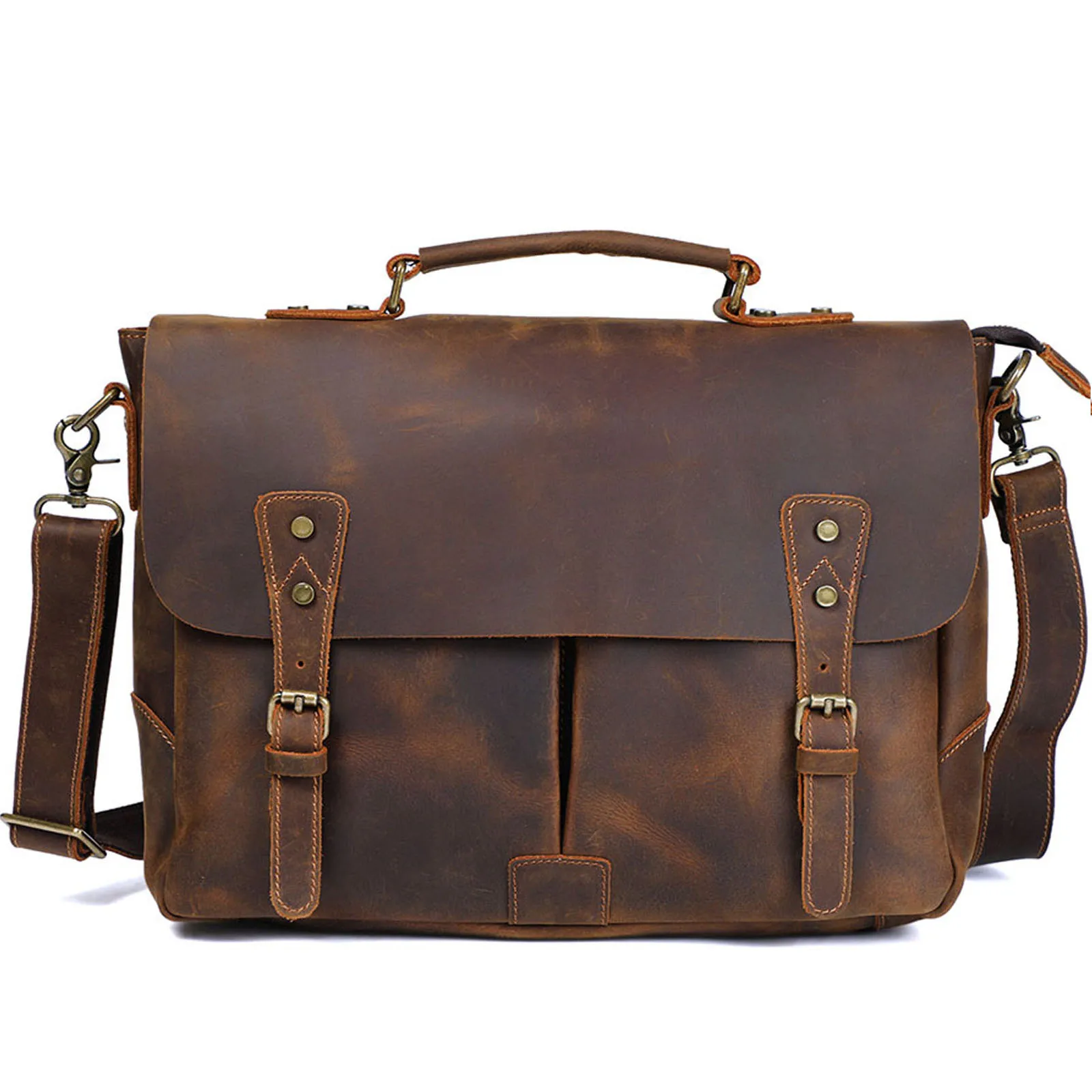 Vintage Crazy Horse Leather Messenger Bag for Men Genuine Cowhide Briefcase 14 inch Laptop Bag Commuter Single Shoulder Bag