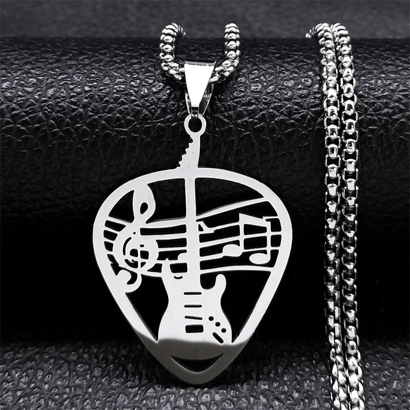 Rock Music Guitar Pick Pendant Necklace for Women/Men Stainless Steel Punk Musical Bass Note Chain Party Gift Jewelry collar