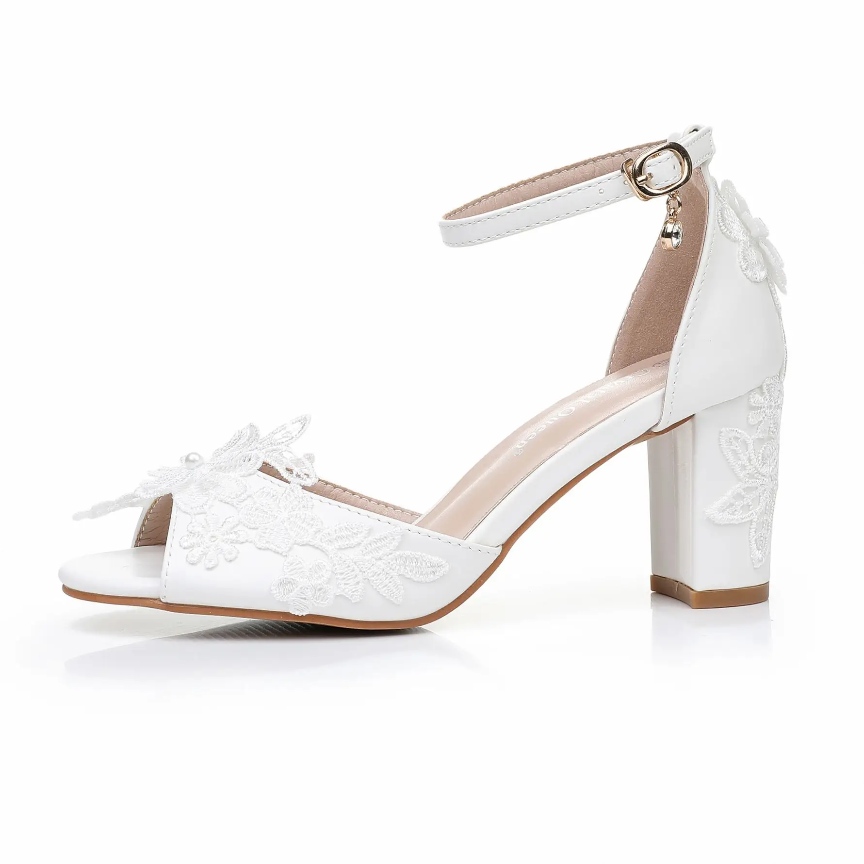 Crystal Queen 7CM White Lace Pearl Ribbon Square Heel High Heels Women Open Toe Sandals Banquet Dress Wedding Shoes