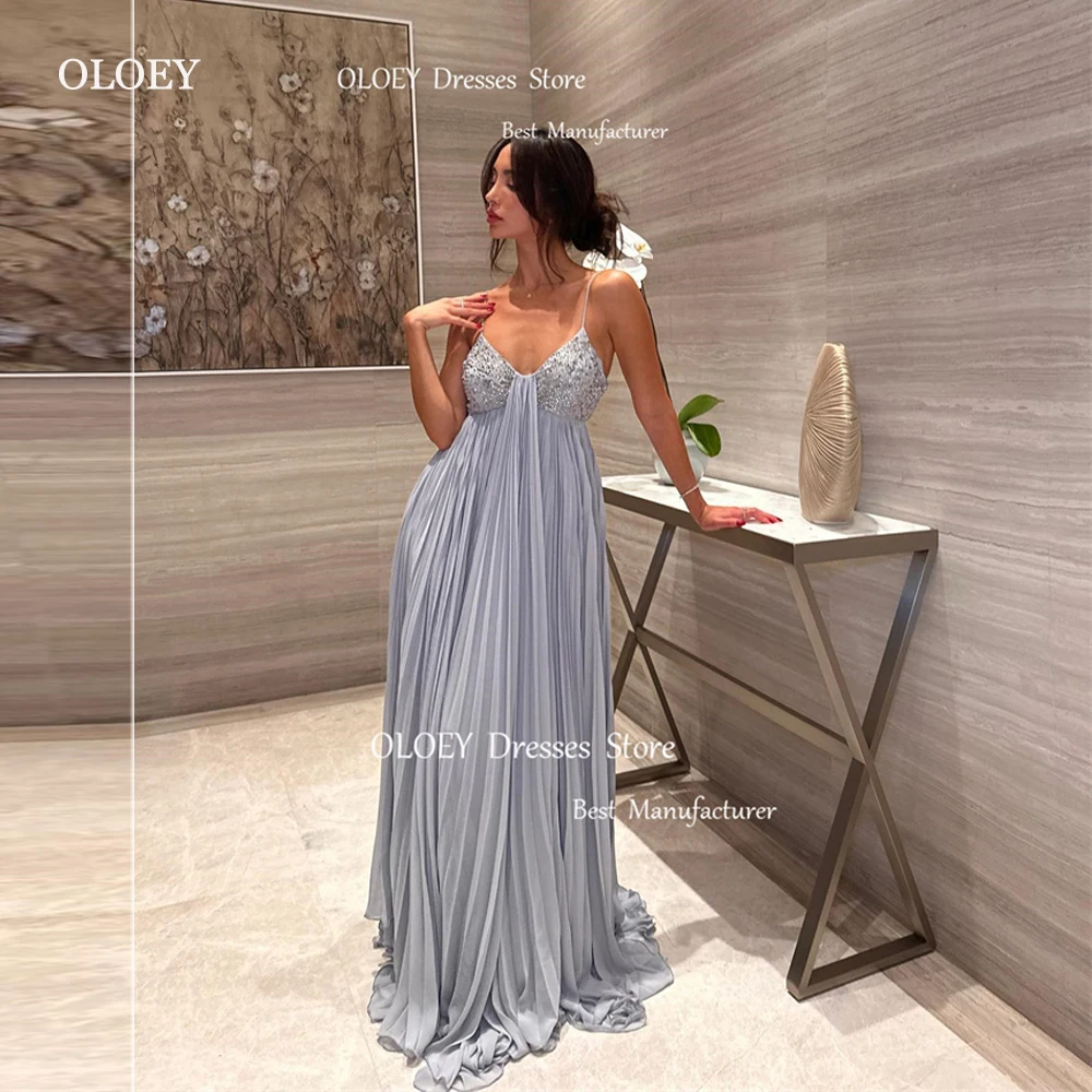 

OLOEY Sexy Spaghetti Straps Silver Evening Dresses Arabic Women Beads Draped Chiffon Prom Gowns Formal Occasion Party Dress