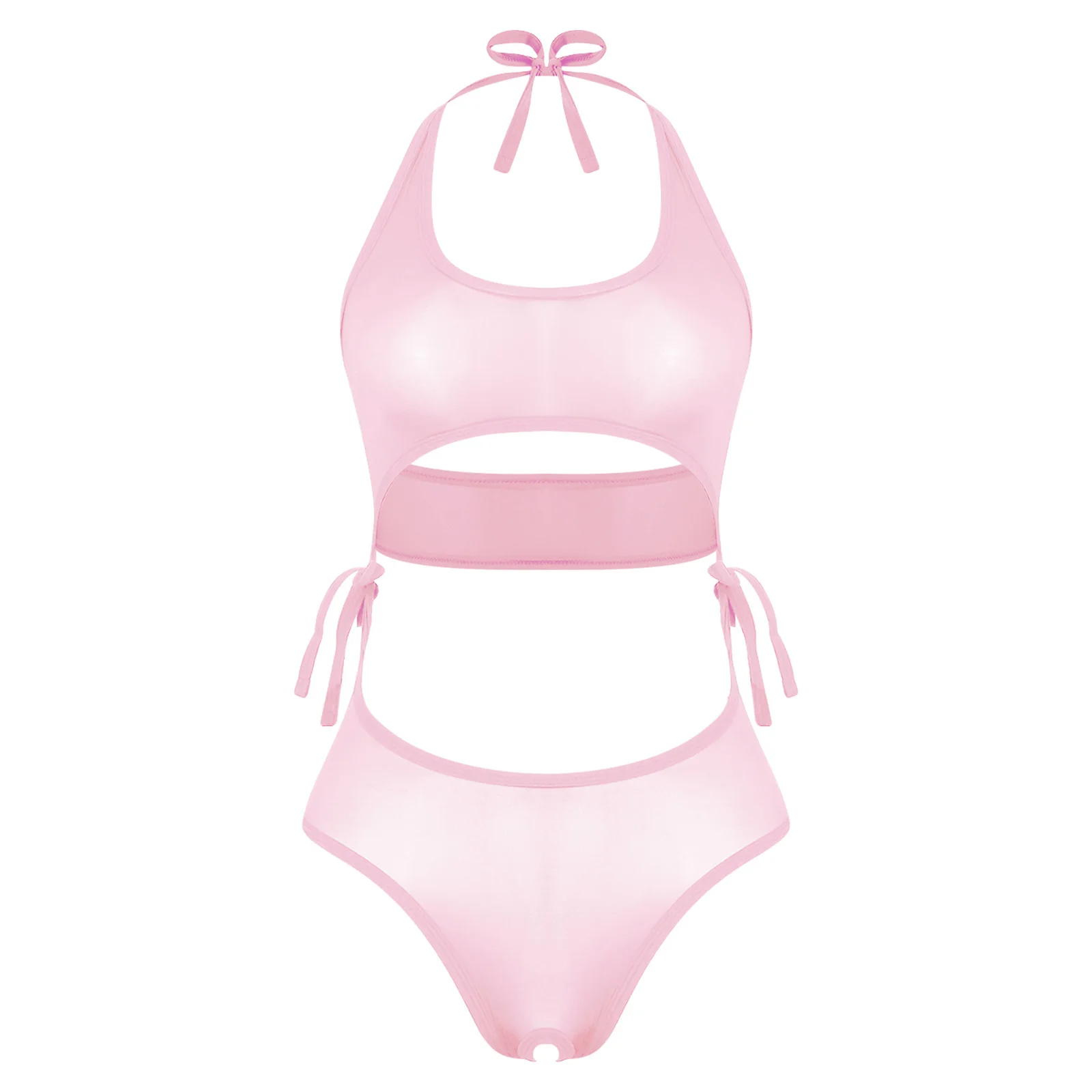 

Womens See Through Lingerie Set Halter Backless Can Be Tied with Crotchless Briefs/Faux Pearl Crotch Briefs Tempting Nightwear