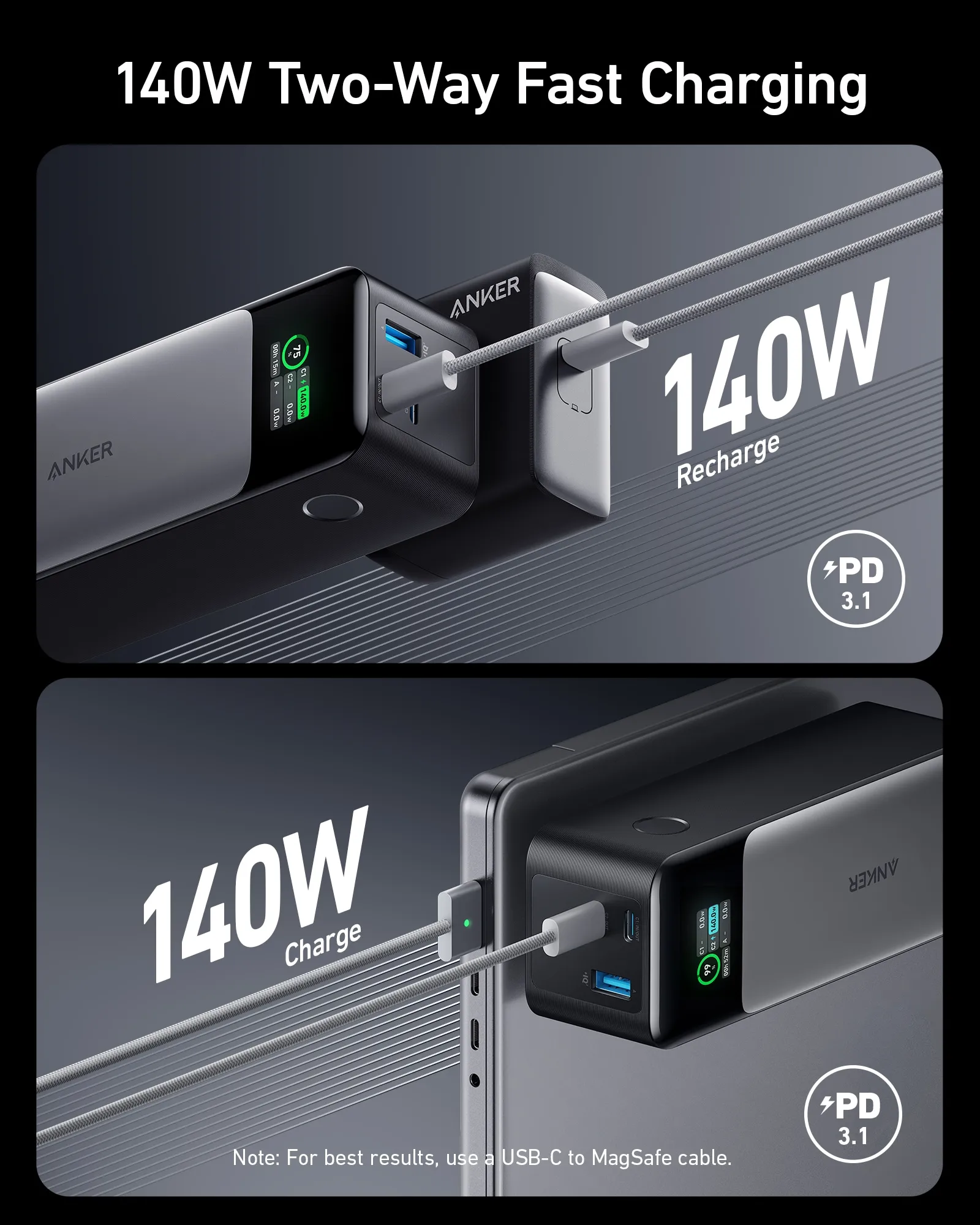 (مخزون الاتحاد الأوروبي) بنك الطاقة Anker 737 (PowerCore 24K)، بطارية خارجية 24000 مللي أمبير في الساعة، طاقة 140 وات، متوافق مع سلسلة iPhone 13، Galaxy