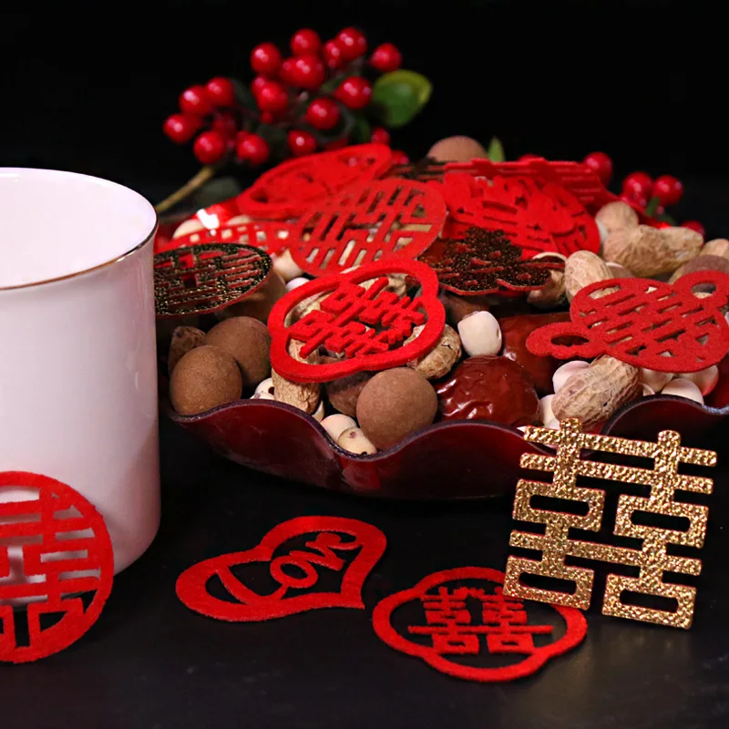 

150pcs Chinese Wedding Mini Happy Word Wall Stickers Non-woven Fabric Double Happiness Sticker Banquet Party Supplies Home Decor