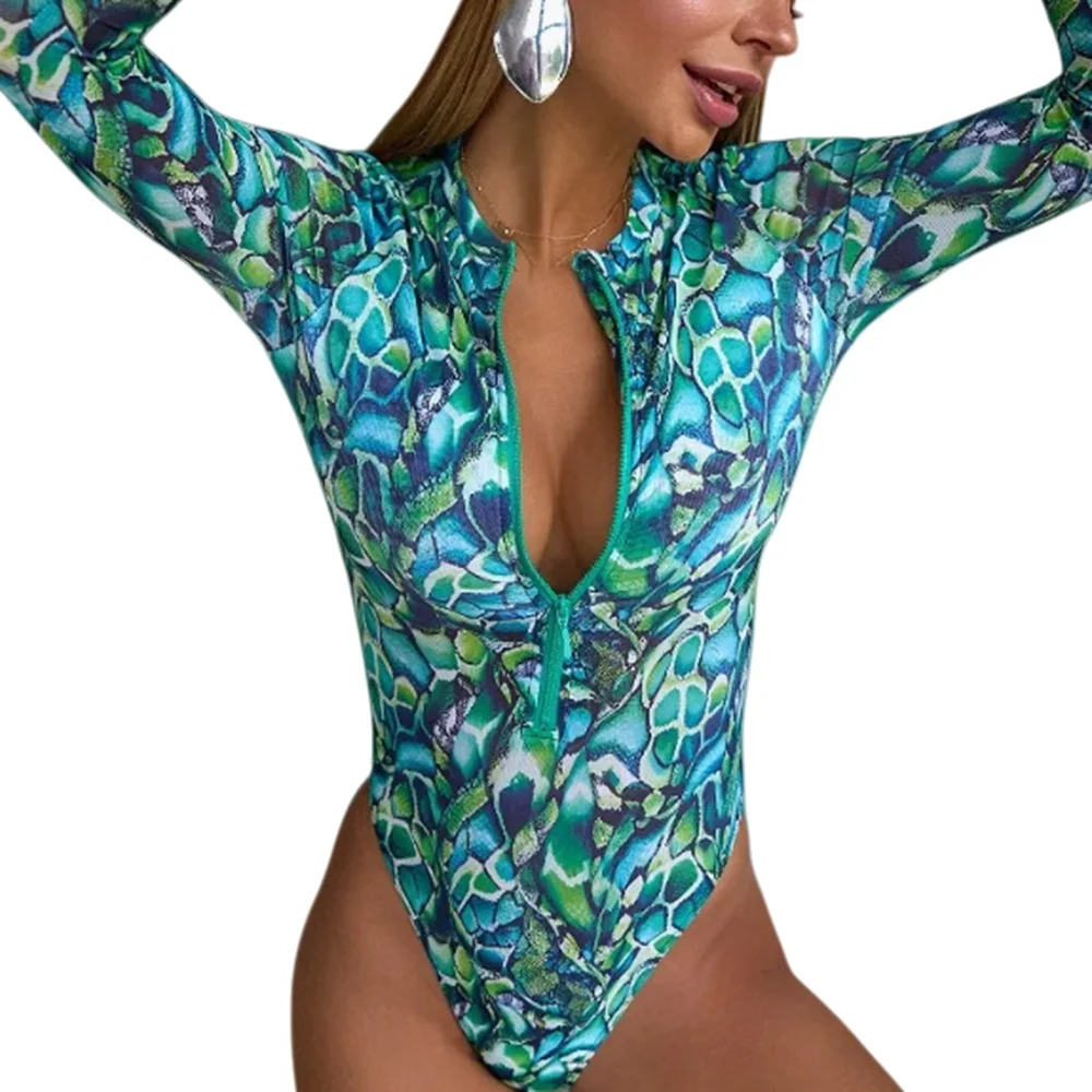 Women's Printed Casual One-Piece Swimsuit with Zipper Front and High Waist Design for Beach Vacation and Summer Travel