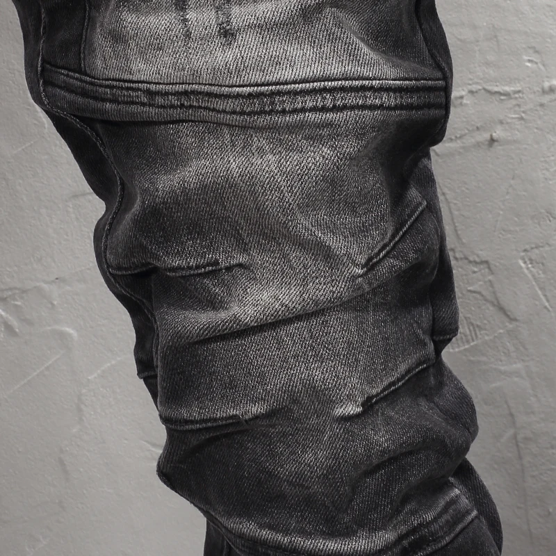 Street Fashion Men Jeans Retro Black Gray Stretch Slim Fit Ripped Jeans Men Spliced Designer Hip Hop Denim Biker Pants Hombre