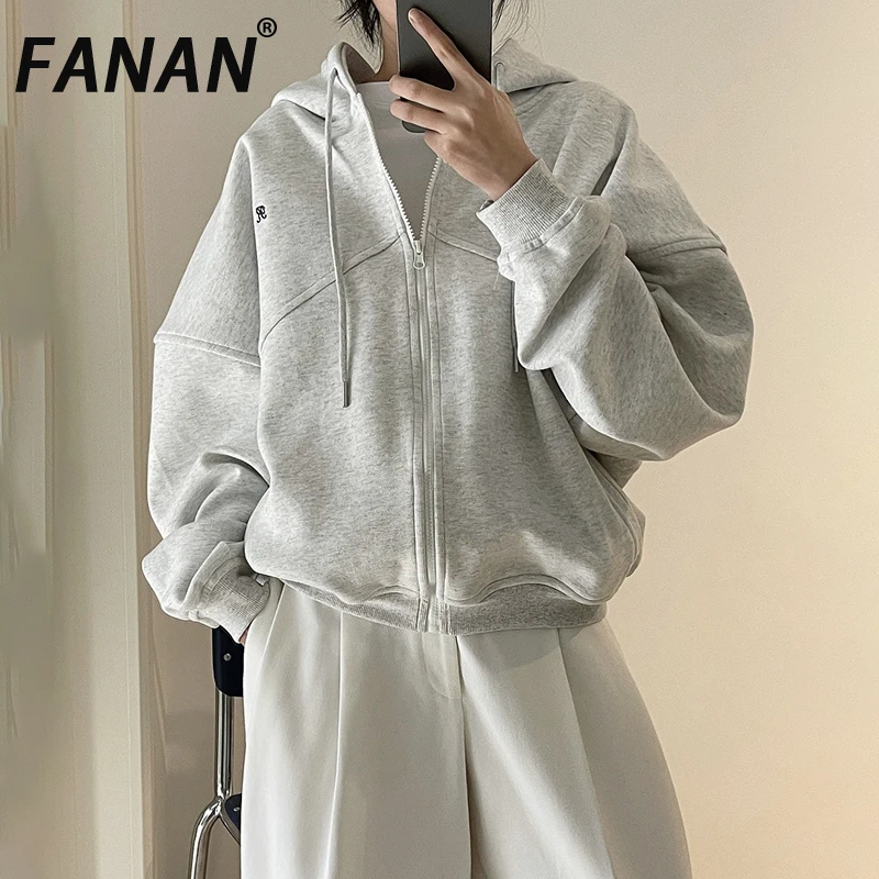 

FANAN, 100% хлопок, толстовка с капюшоном и длинными рукавами для женщин, кардиган на молнии, повседневный свободный топ с длинными рукавами, мода, новинка осени 2023 г.