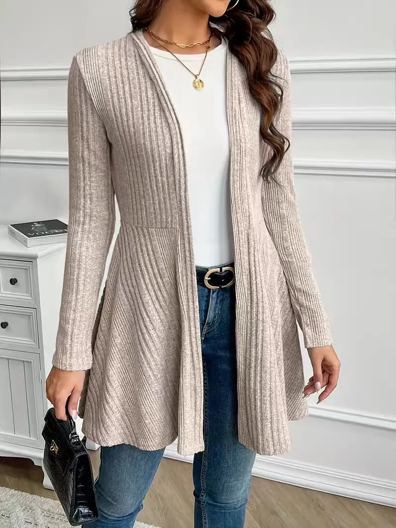 Schwarzer gerippter Strick-Cardigan für Damen, vorne offen, langärmlig, A-Linie, mittellang, lässige, lockere Oberbekleidung für Frühling und Herbst – Detail 13