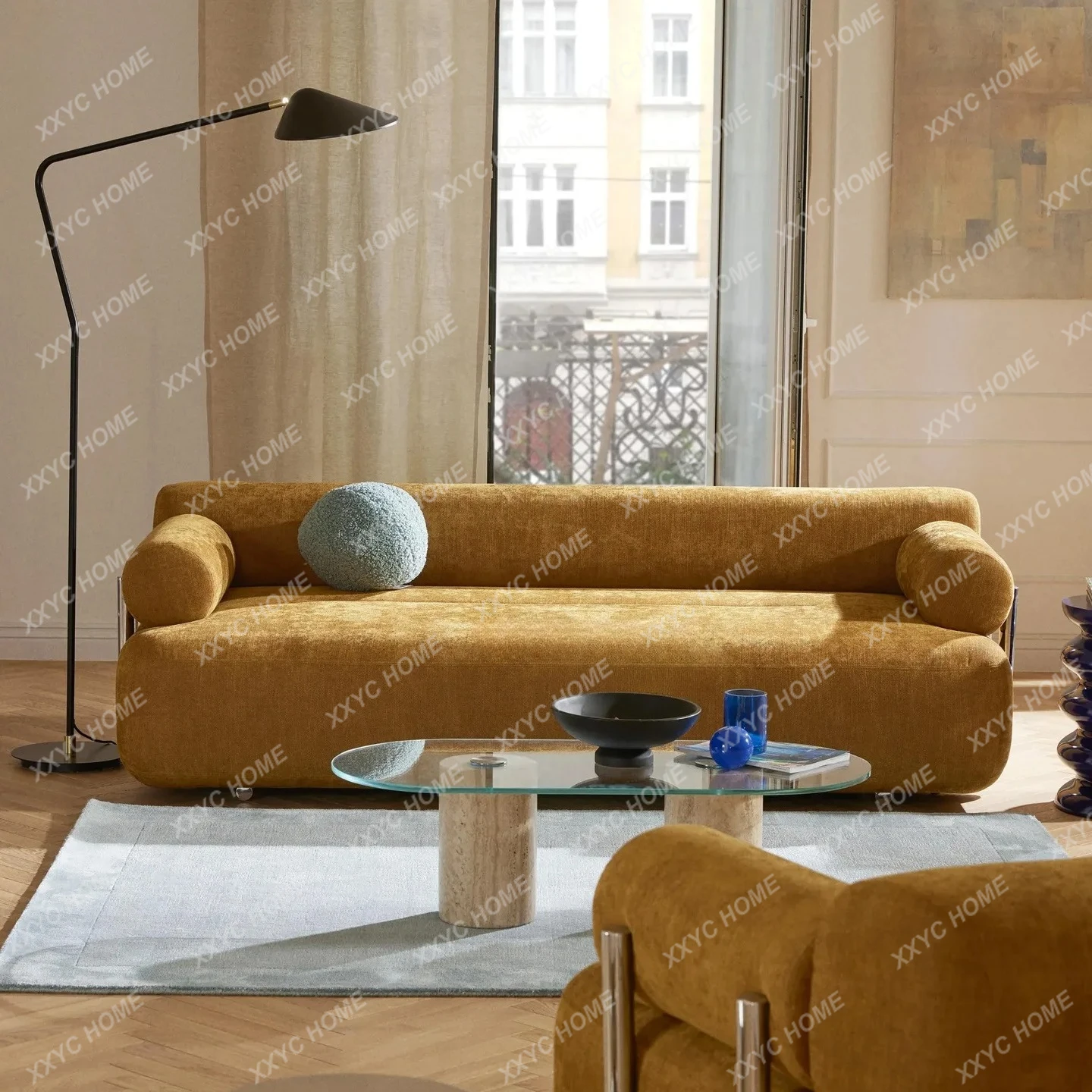 LX minimalist chenille fabric metal sofa  light luxury stainless steel creative straight row three-person sofa