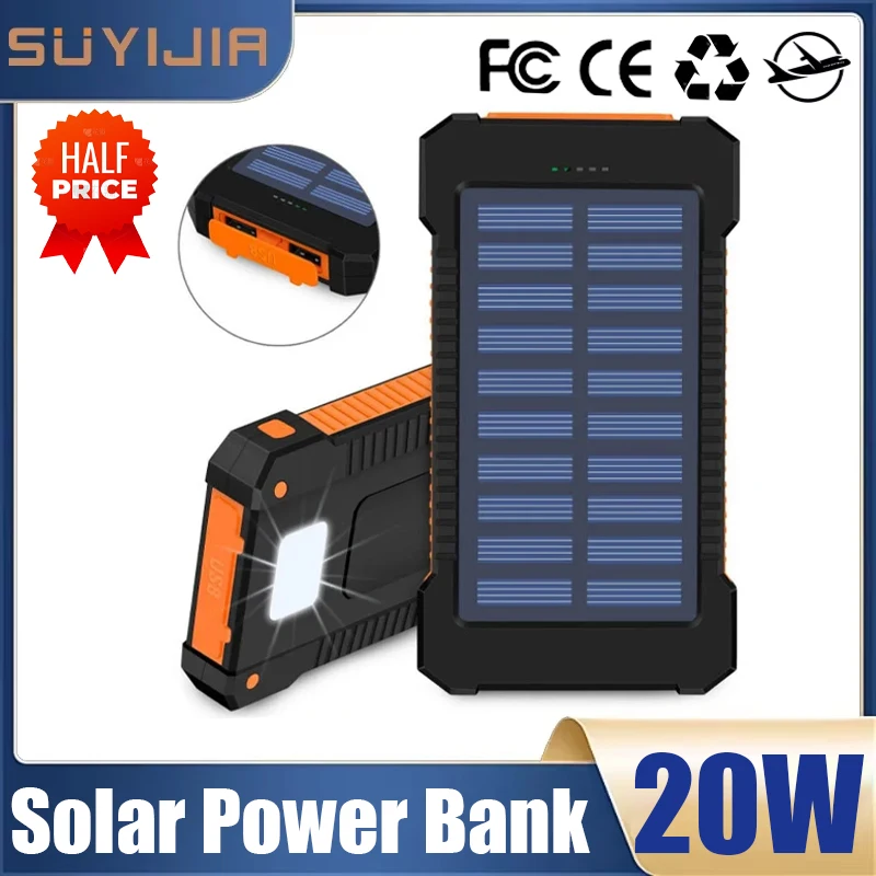 

20000mAh Solar Power Bank Portable External Battery Fast Charging Waterproof Powerbank with SOS Flashlight Poverbank for Huawei