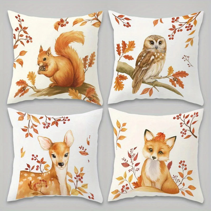 Set of 4 Woodland Animal Pillow Covers Fall Forest Art Throw Cushions Nursery Decor Watercolor Whimsical Wildlife Squirrel Owl