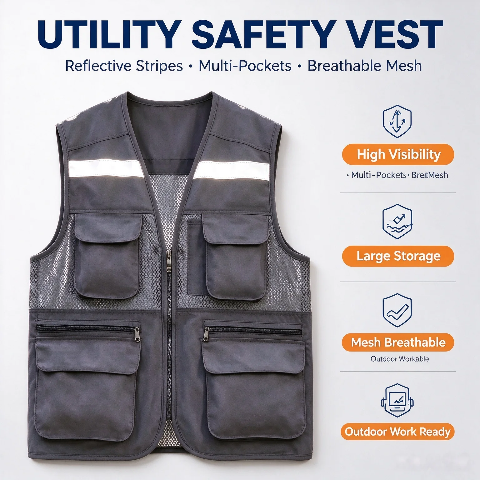 Customizable Printing Logo Multi-Pocket Vest for Travelers Fishing Photography Outdoor Activities Zipper Workwear by Group Compa