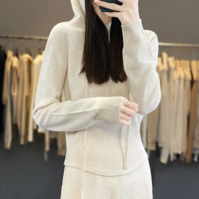 2024Autumn/Winter New Women\'s Leisure Suit Slim Hooded Knit Top Elastic High Waisted Leg Wide Leg Pants 100% Australian Wool Set