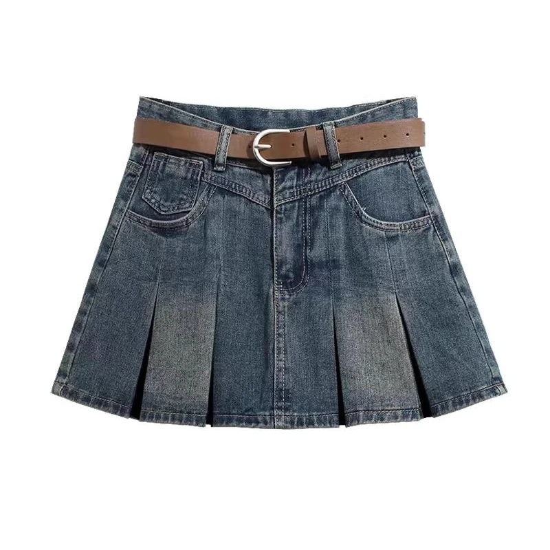 Spicy Girl Retro Denim Mini Skirt High Waist Pleated Short Skirt Vintage Casual Summer Women's A-Line Skirts