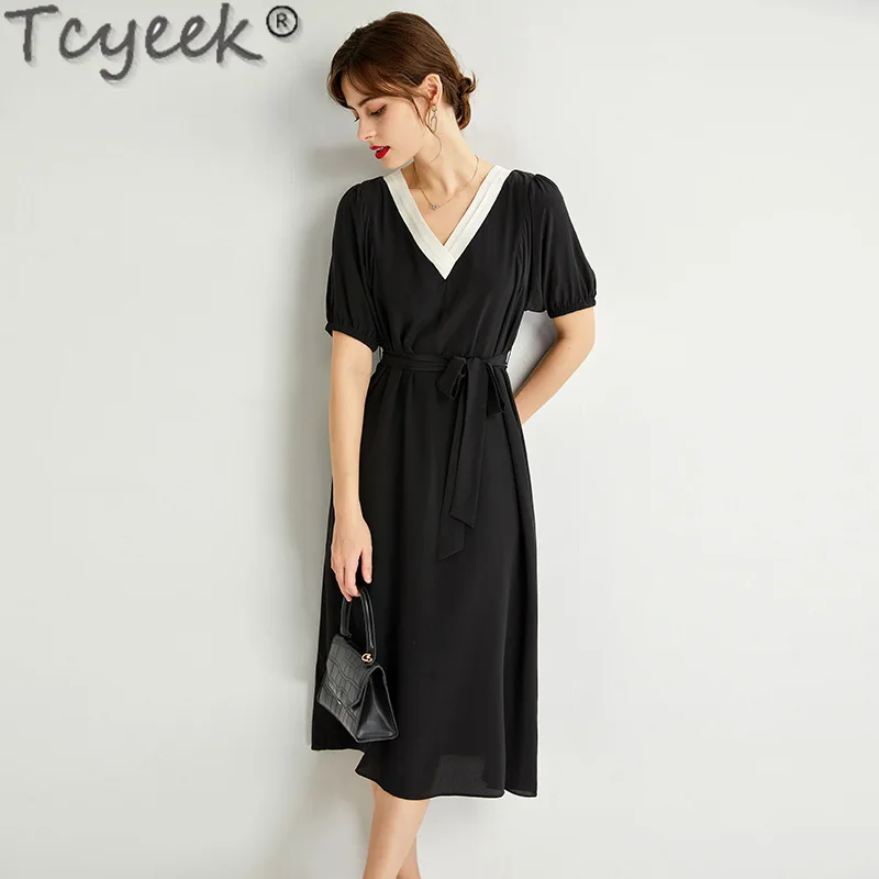 Tcyeek 100% Real Mulberry Silk Dress Summer Woman Clothes Elegant Dresses for Women 2024 French Black Dress Fashion Party Dress