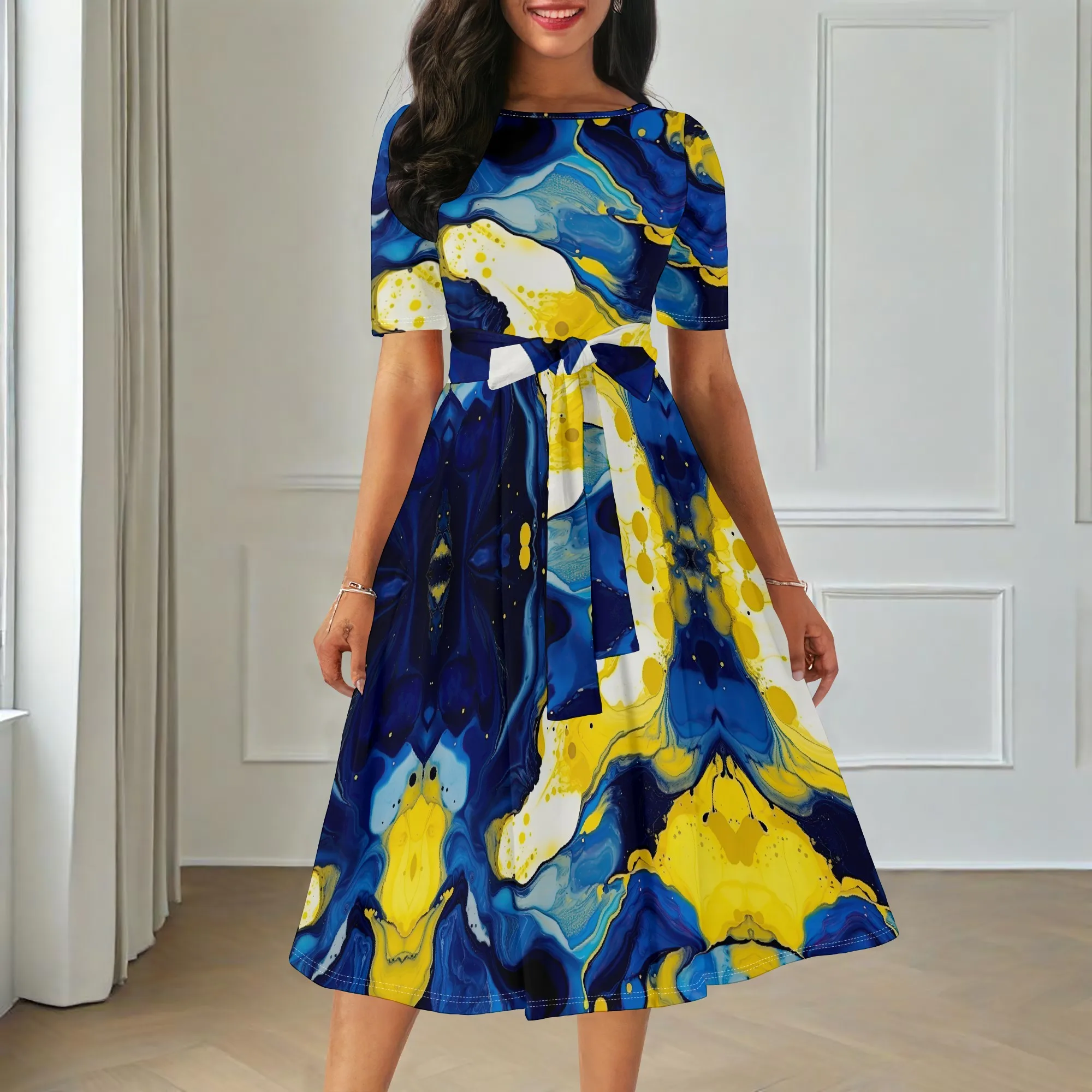 

Women's Abstract Print A-line Dress Vintage Short Sleeve O-Neck Dress with Belt for Office Work Party Wear XS-3XL