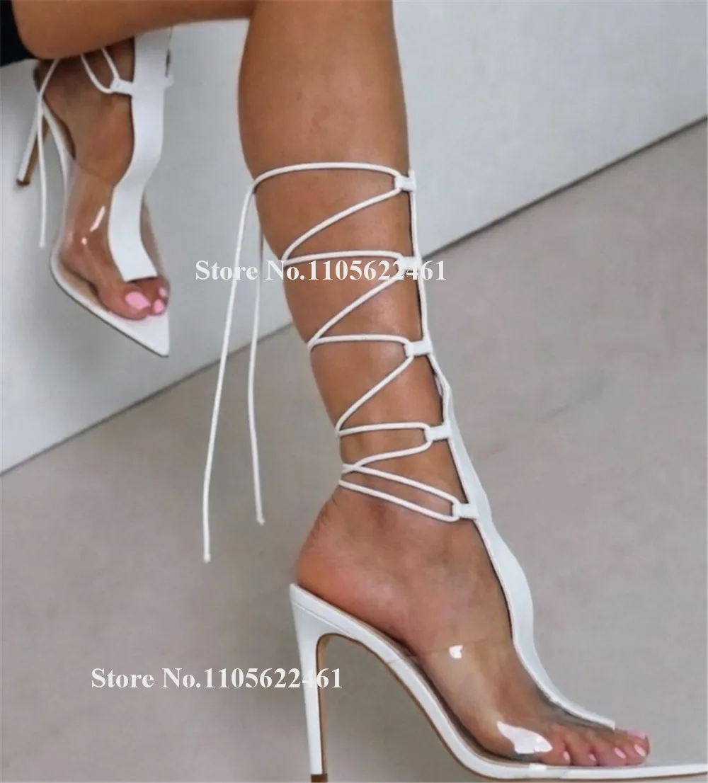 Kqaoqao Newest Clear PVC Patchwork White Red Black Stiletto Heel Gladiator Boots Pointed Open Toe Lace-up Thin Heel Long Sandals