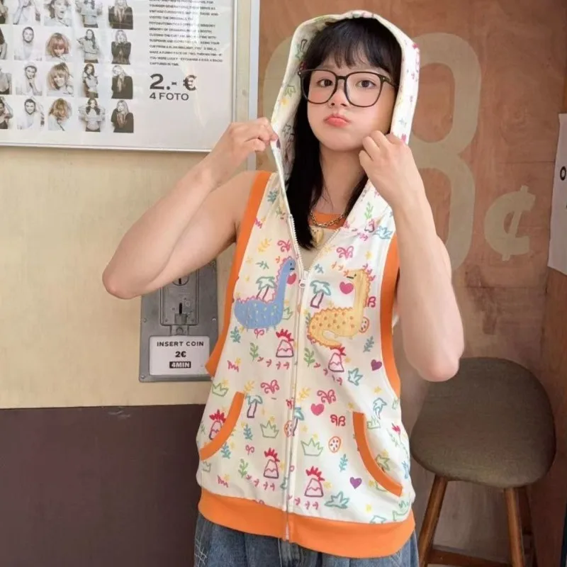 

Women's Hip Hop Sleeveless Hoodie Japanese Harajuku Graffiti Print Hoodie Vest Kawai Harajuku Patchwork Tanks Female Casual Tops
