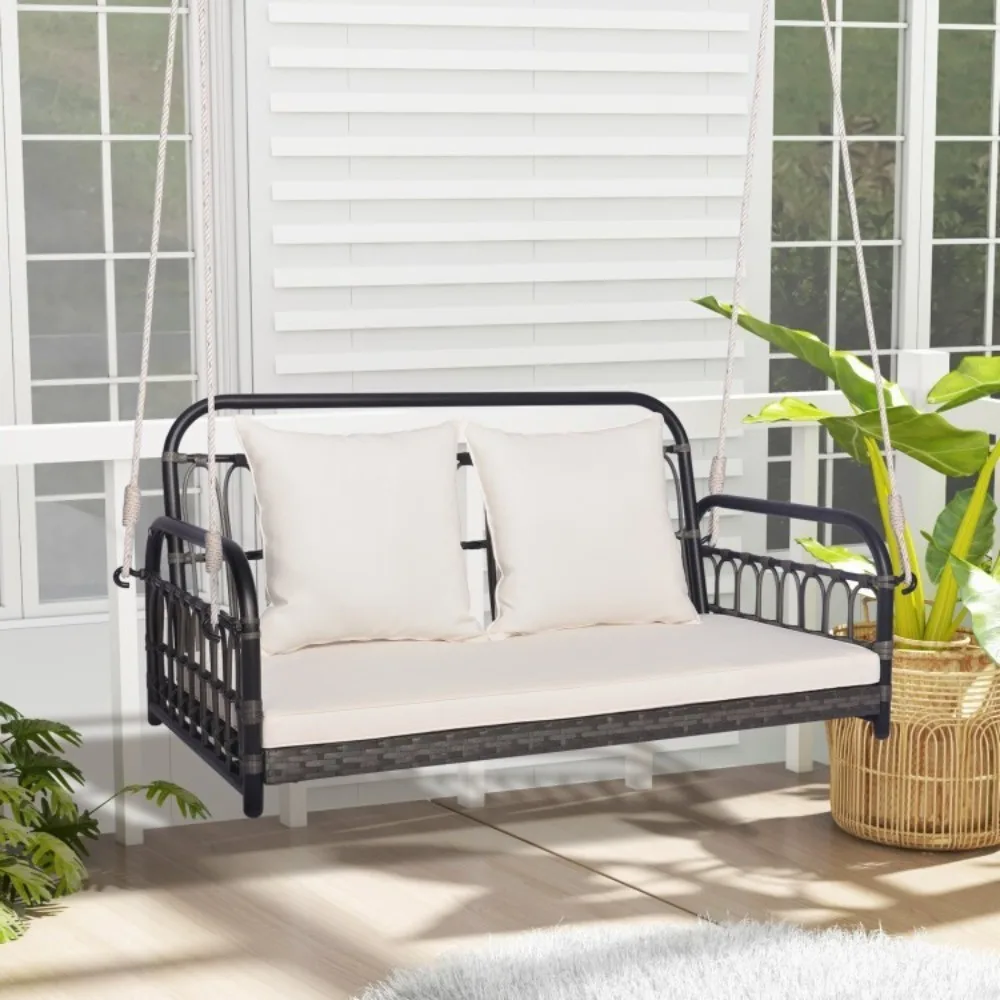 

2-Person Patio Outdoor Porch Swing Chair Hanging Bench Wicker w/Padded Cushions