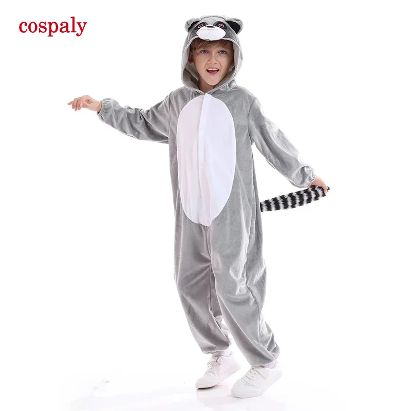 Costume cosplay unisex di procione grigio di Halloween per bambini Pigiama tutina per animali di procione con coda di Natale