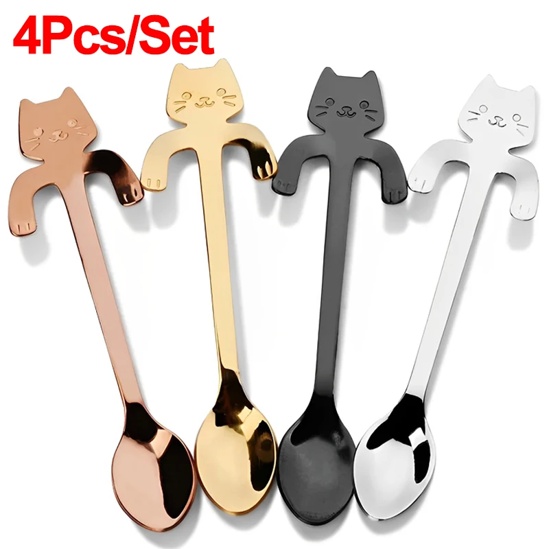 Desenhos animados Gato Colher De Café, Colheres De Aço Inoxidável, Talheres, Sobremesa, Snack Scoops, Leite Sorvete Colheres Pequenas, Ferramentas De Cozinha, 4Pcs