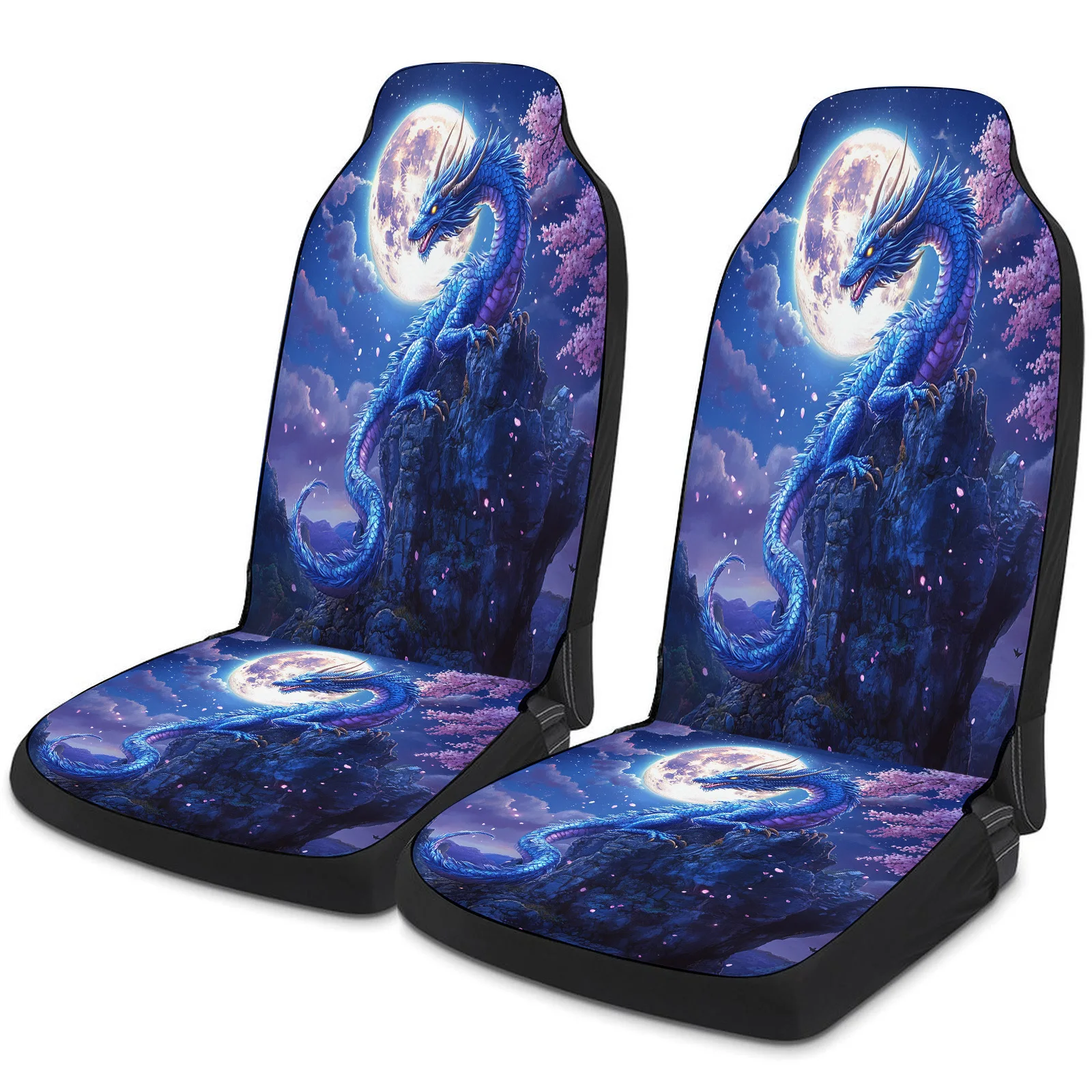 Dragon Moon Night Cherry Blossom Themed Car Seat Cover Set For Most Cars Trucks, Trendy Breathable Car Seat Protector Covers Ful