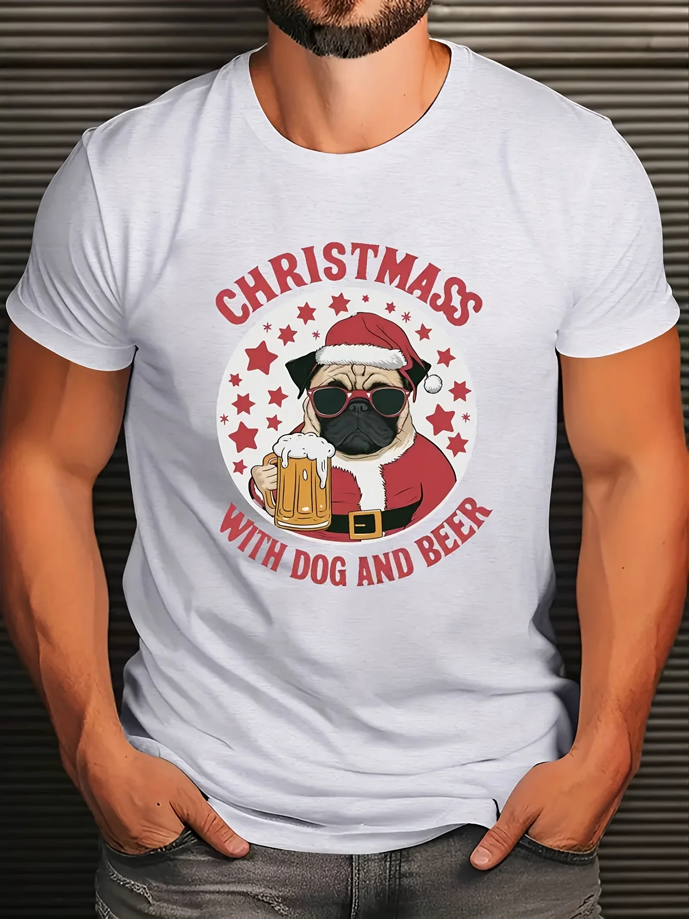 

Christmas Pug Beer Lover Men's Cotton Graphic T-Shirt Santa Dog Funny Holiday Tee Casual Short Sleeve Top