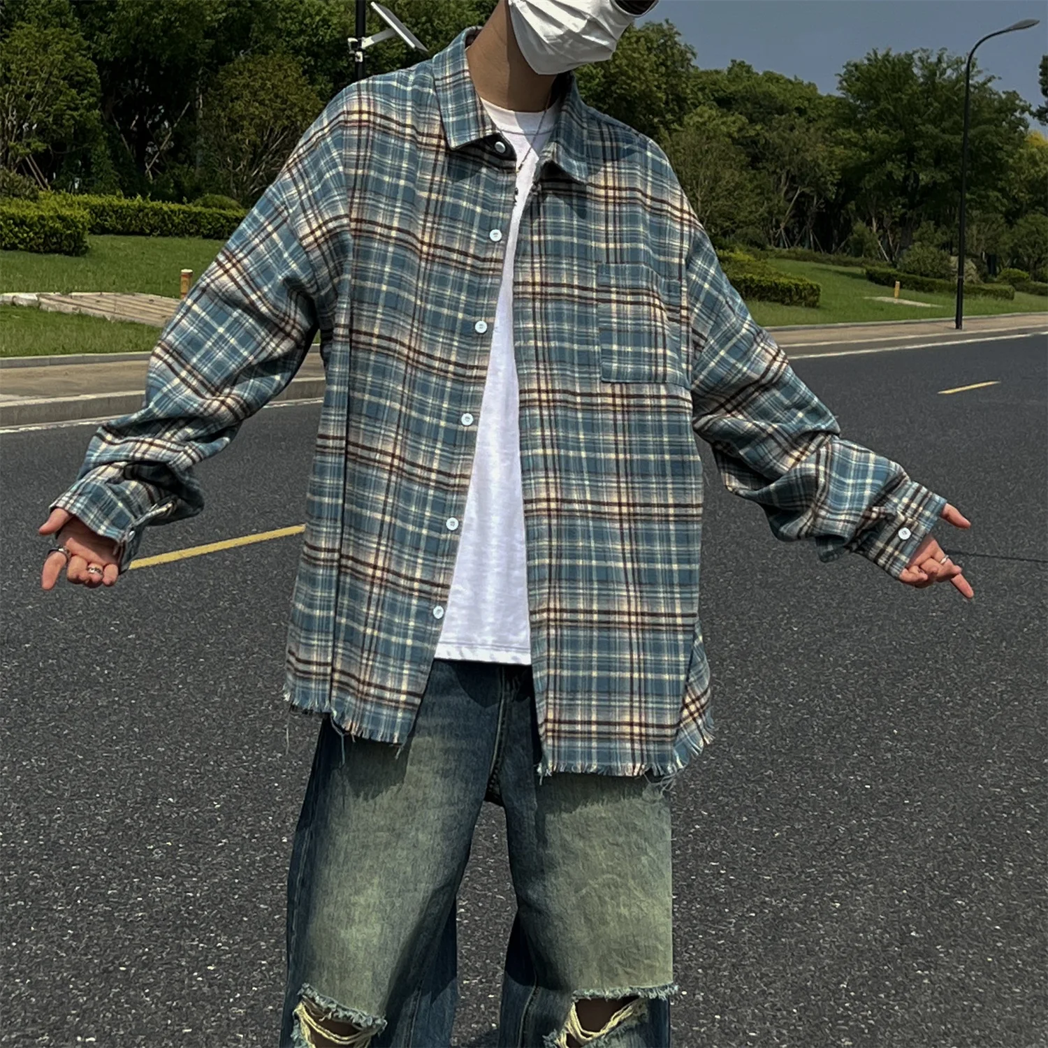 

Мужская клетчатая рубашка с длинными рукавами, свободного кроя, на пуговицах, в стиле ретро, в японском стиле, пальто Cityboy, весенне-осеннее, сезонное, универсальное