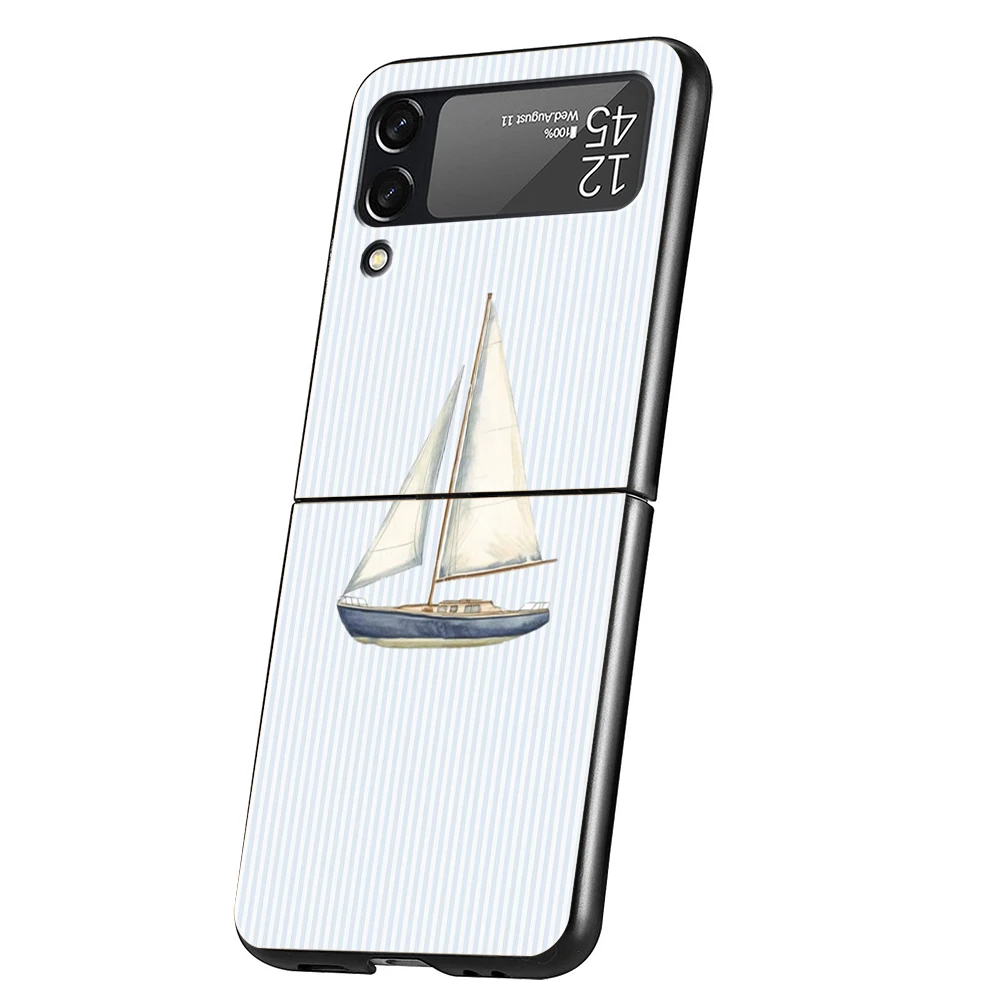 Hard PC Phone Case For Samsung Galaxy Z Flip 8 7 6 5 4 Black Cover For Galaxy Z Flip 3 Foldable Capas Vintage Stripes Sailboat