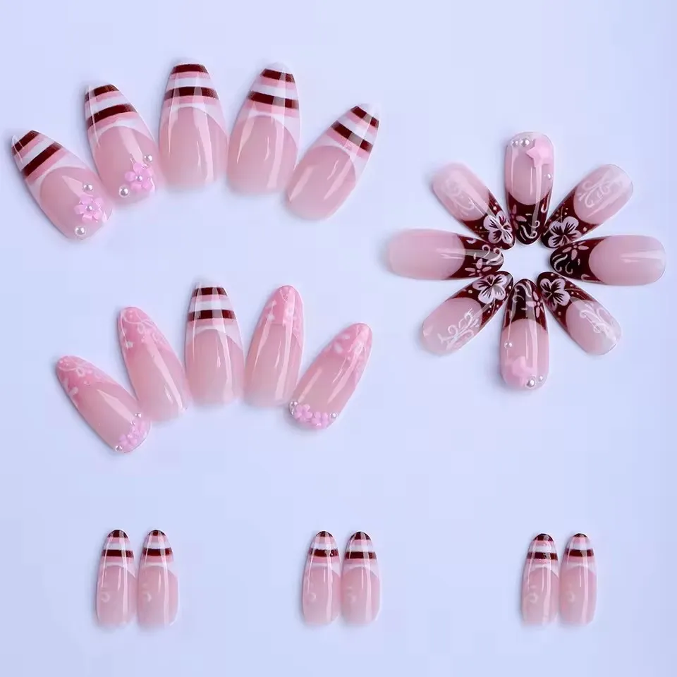 Sweet False Nails Cute Pink Flower Star Pearl Designs Press On Nails Stripes French Almond Fake Nails Handmade False Nails Self