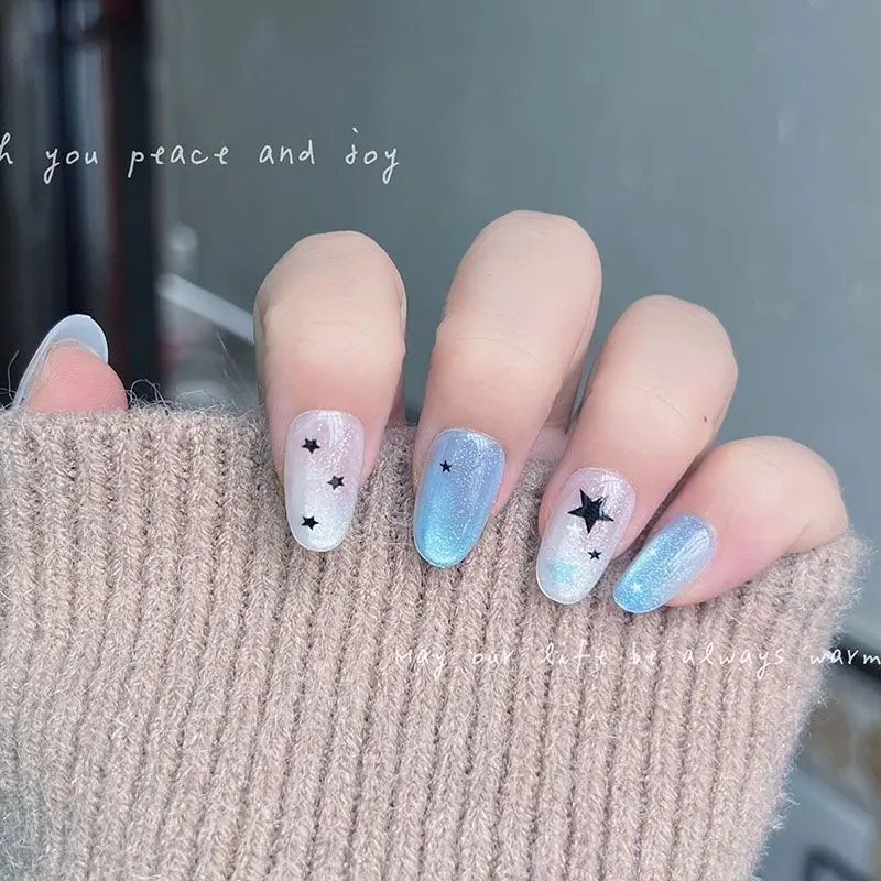 10pcs Short Round Press On Nails Blue White Glitter Cat Eye Fake Nails with Black Star Design Reusable Women Y2K False Nail Tips