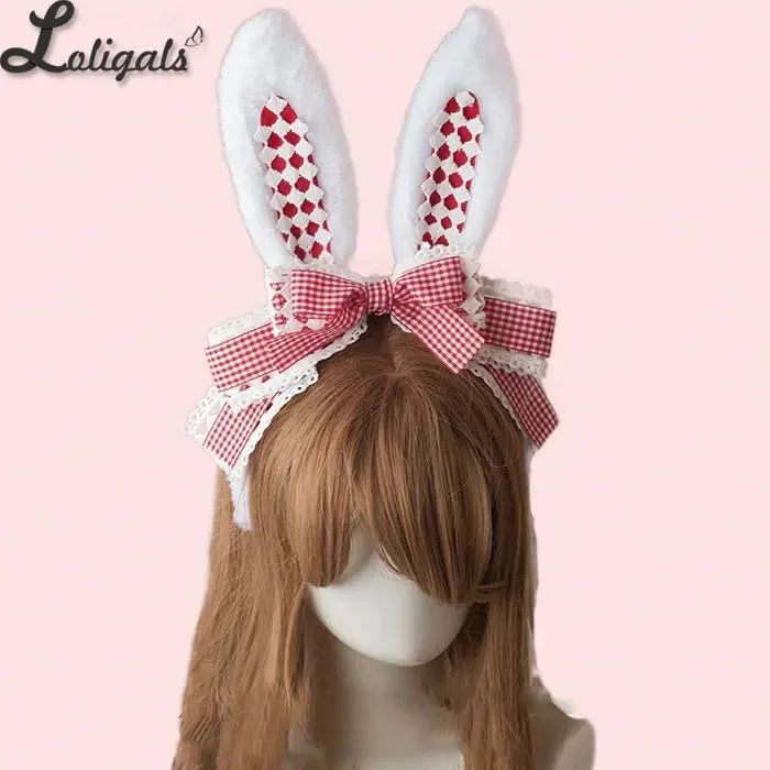 LOLITA Handmade Rabbit Ears Headband KC Multicolored Cute Plaid Cosplay Hairband