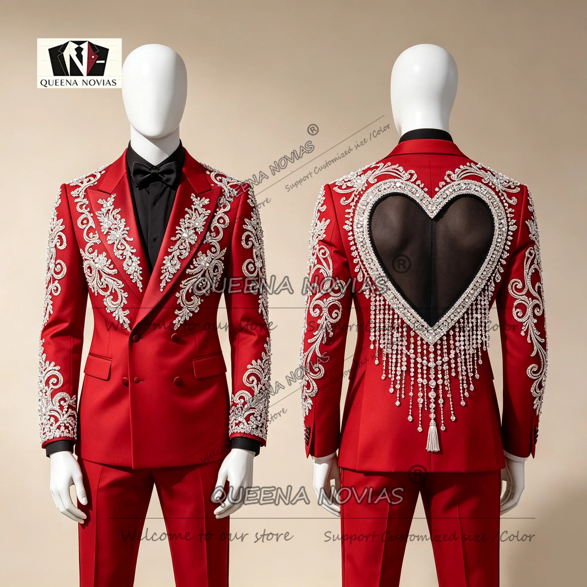 Luxury Men's Suit For Wedding Diamond Beaded Prom Blazer Illusion Tulle Back Groom Tuxedos Slim Fit Male Fashion Clothing 2027
