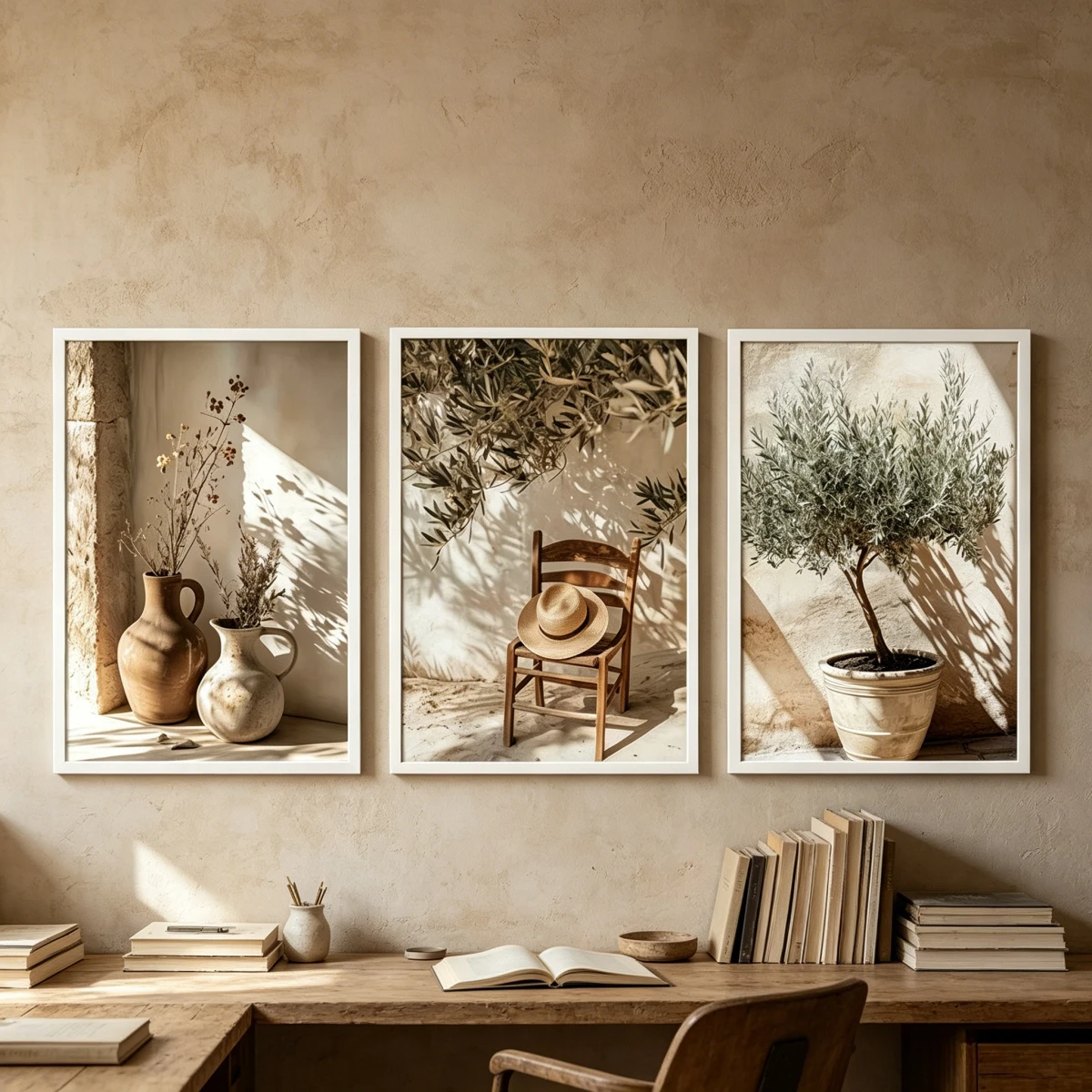 3pcs/set Mediterranean Landscape Canvas Prints Poster Straw Hat Chair Olive Tree Terracotta Vase Art Print Country Home Decor