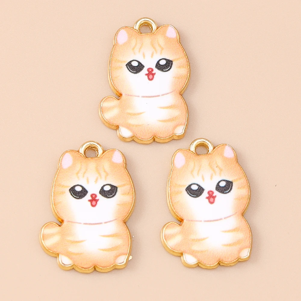 Leslie 10 Stück Cartoon-Emaille-Katzen-Charms, niedliche goldfarbene Metall-Tierkatzen-Anhänger für DIY-Halsketten, Armbänder, Schmuckherstellung – Detail 5