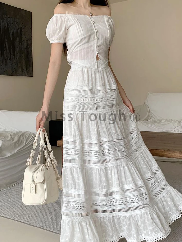 2024 New French Retro Gentle Long Skirt Women White Embroidered Cotton Hollow Out Skirts Harajuku Sweet Stitched Skirt Winter