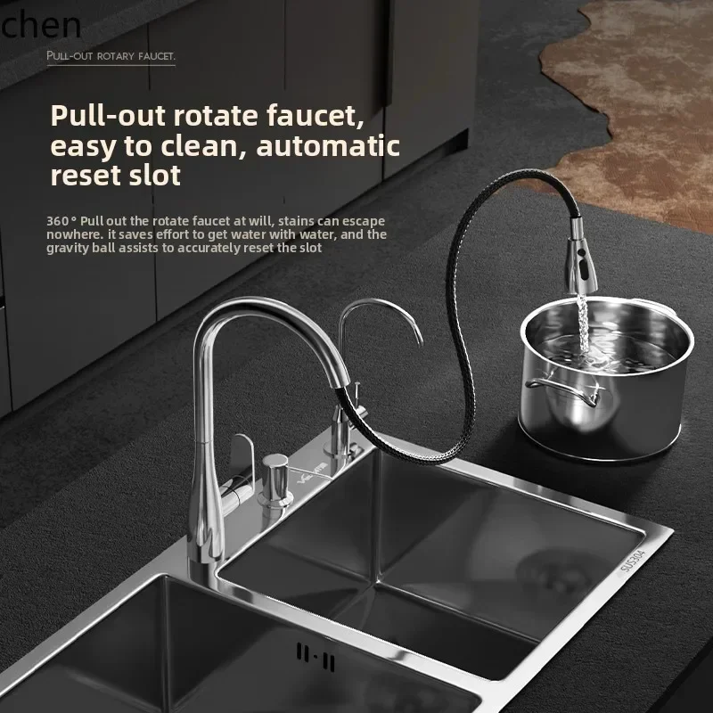 HYS Kitchen Sink Large Double Basin 304 Stainless Steel Vegetable  Handmade Nano Thickened Undermount Sink Dishwashing