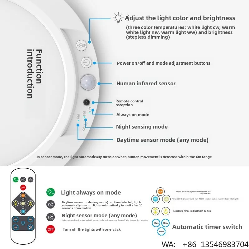 Rechargeable Motion Sensor Smart LED Ceiling Light PIR Sensor White Shade Magnetic Installation Modern Design ABS 8000mAh