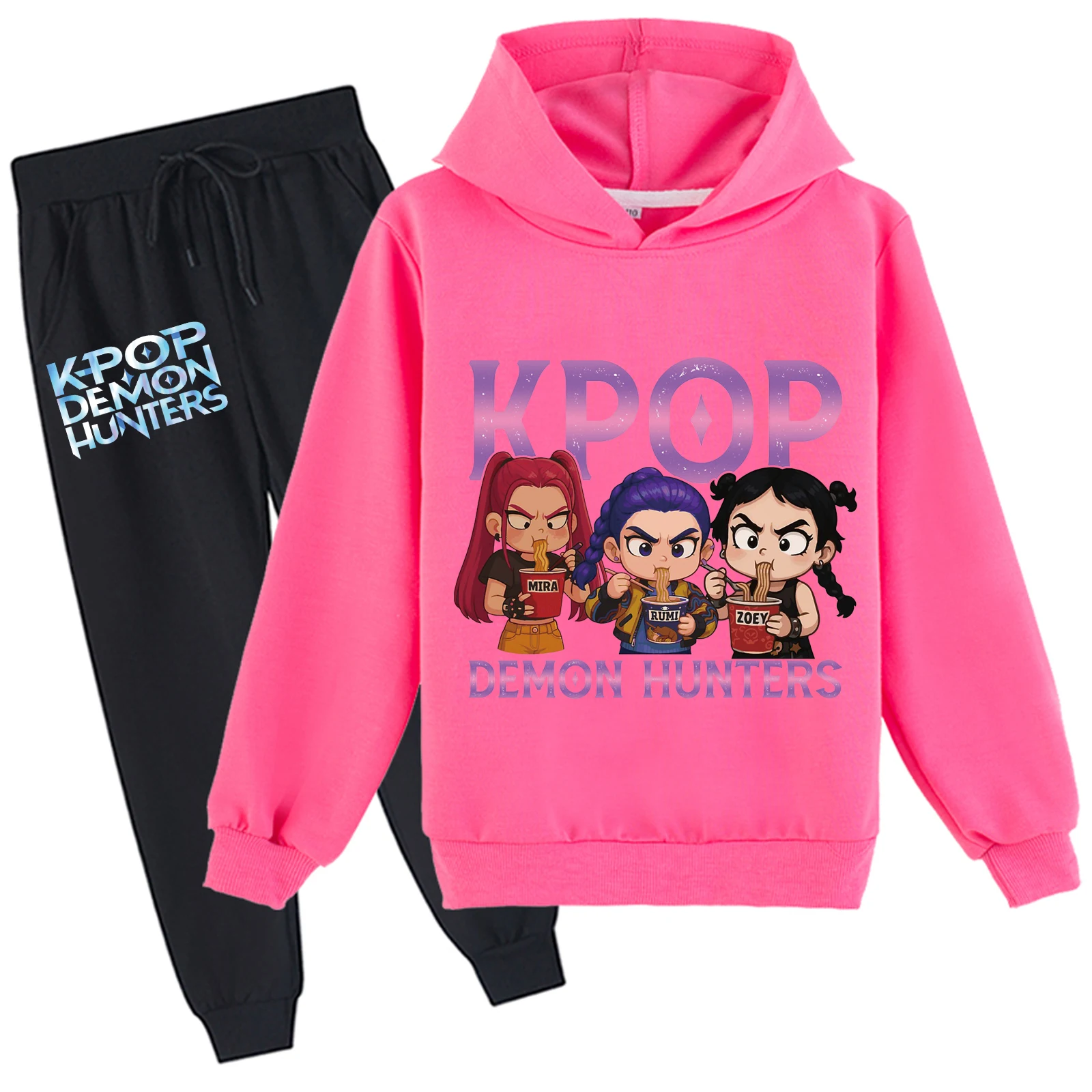 بلوفر بغطاء للرأس للفتيات الصغيرات KPop Demon Hunters مع بنطال رياضي مكون من قطعتين، سويت شيرت قطني للمراهقين مع غطاء للرأس (2-14 سنة، 5 ألوان) #3