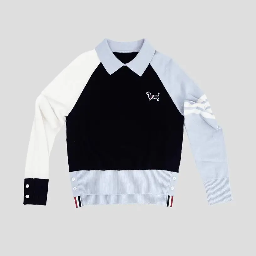 2025 Spring Autumn New Polo Shirt Patchwork Golf Wear Women Long Sleeve Luxury Puppy Embroidery Knitted Sweater Korean Jumpers