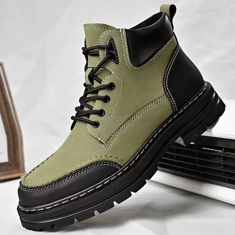 

Men's Autumn Winter Genuine Leather High Top Work Boots Thick Sole Non Slip Lace Up Plush Keep Warm Cotton Boots Hiking Boots