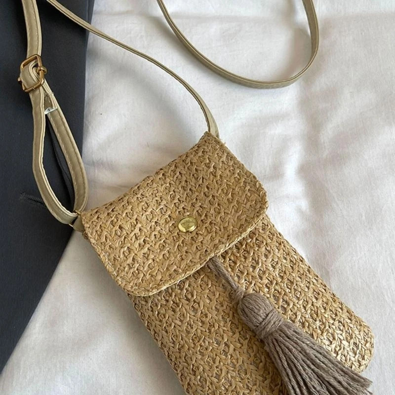 X7XC Beach Woven Straw Tassels Small Phone Bag for Women's Fashion Shoulder Crossbody Purse Wallet with Adjustable Strap