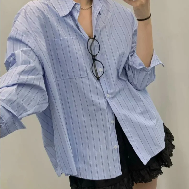 2026 Summer New Korean Style Blue Stripes Long Sleeve Shirt Simple Elegance Pocket Design Breathable Skin-Friendly Casual Wom...