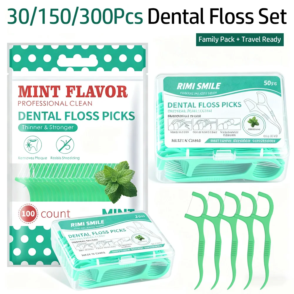 30/150/300 Stück Mint-Zahnseide-Picks: 100 Stück Heimtasche + 50 Stück Reiseetui, dünne, starke Zahnreinigung