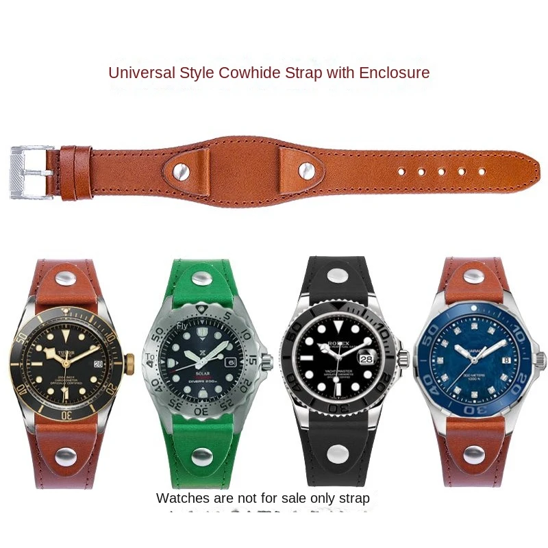 Genuine Calfskin Leather Watchband British Style 20mm 22mm Strap Vintage Watch Band with Base Tray Strap bracer Wrist strap