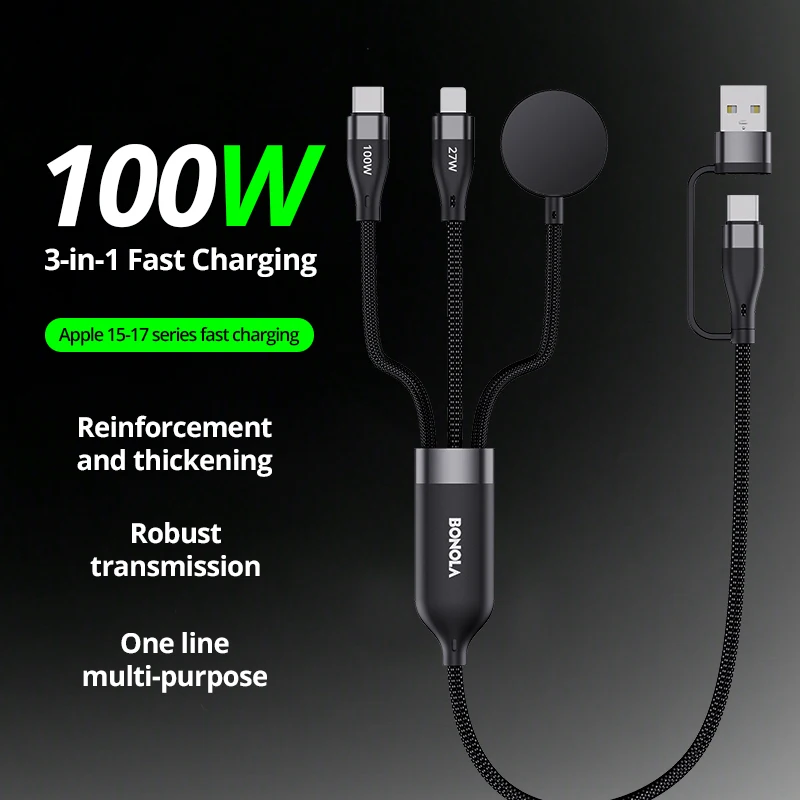 Kabel USB Bonola 3 w 1 do szybkiego ładowania z portem Type C do iPhone 17/16/15/14/13 Pro Max, kabel do ładowania zegarka, kabel do ładowania Apple Watch — zdjęcie produktu 2