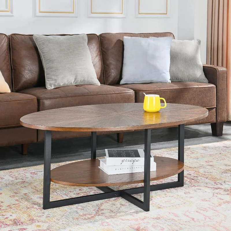 JESONVID Solid Wood Oval Coffee Table with Cross Metal Legs, 43.3in Modern Industrail Center Table,Open Shelf Cocktail Tea Table image 5