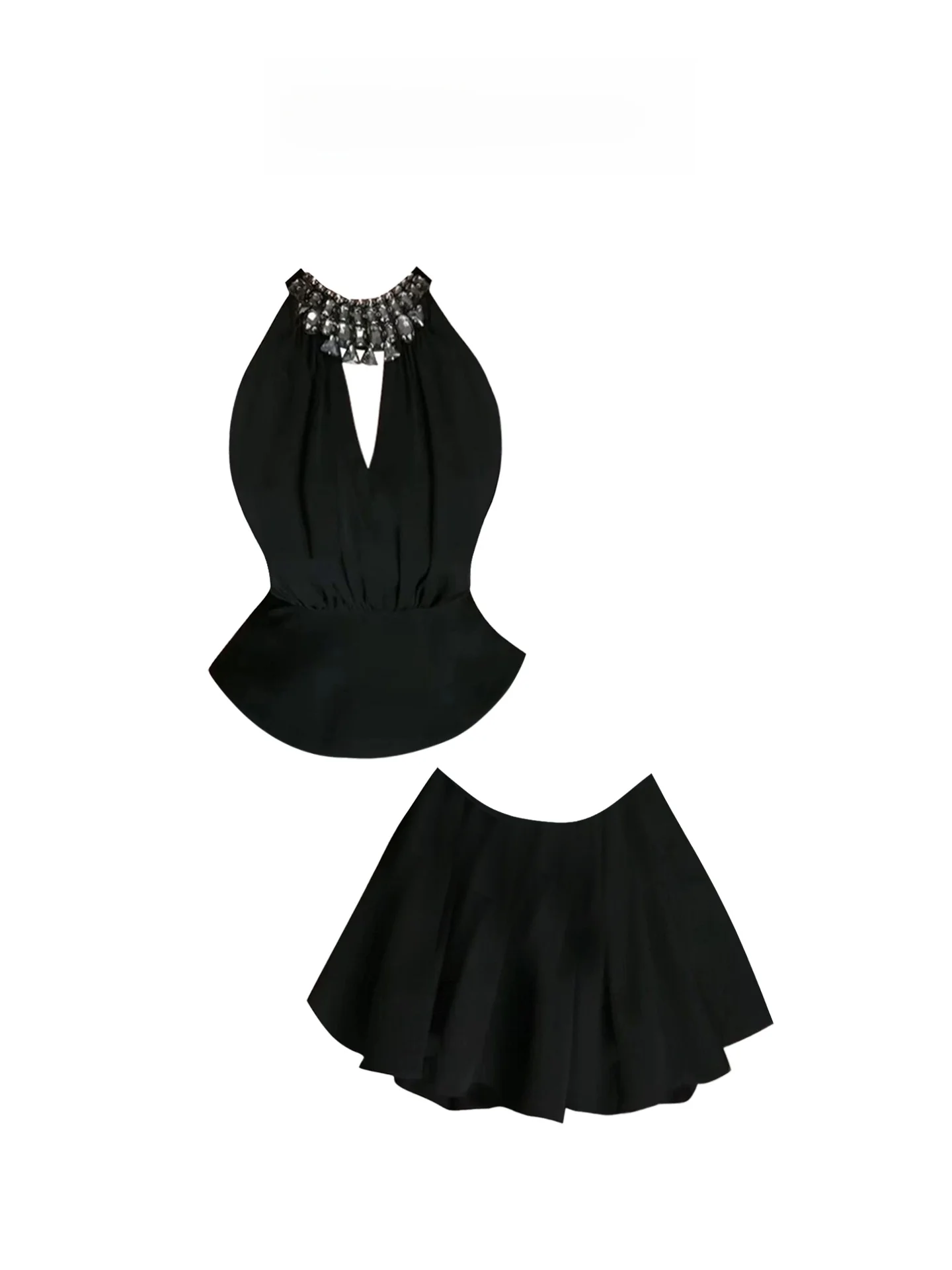 

Летний комплект Heza: юбка А-силуэта с высокой талией и блузка, украшенная стразами, для стройного силуэта, в корейском стиле, для женщин