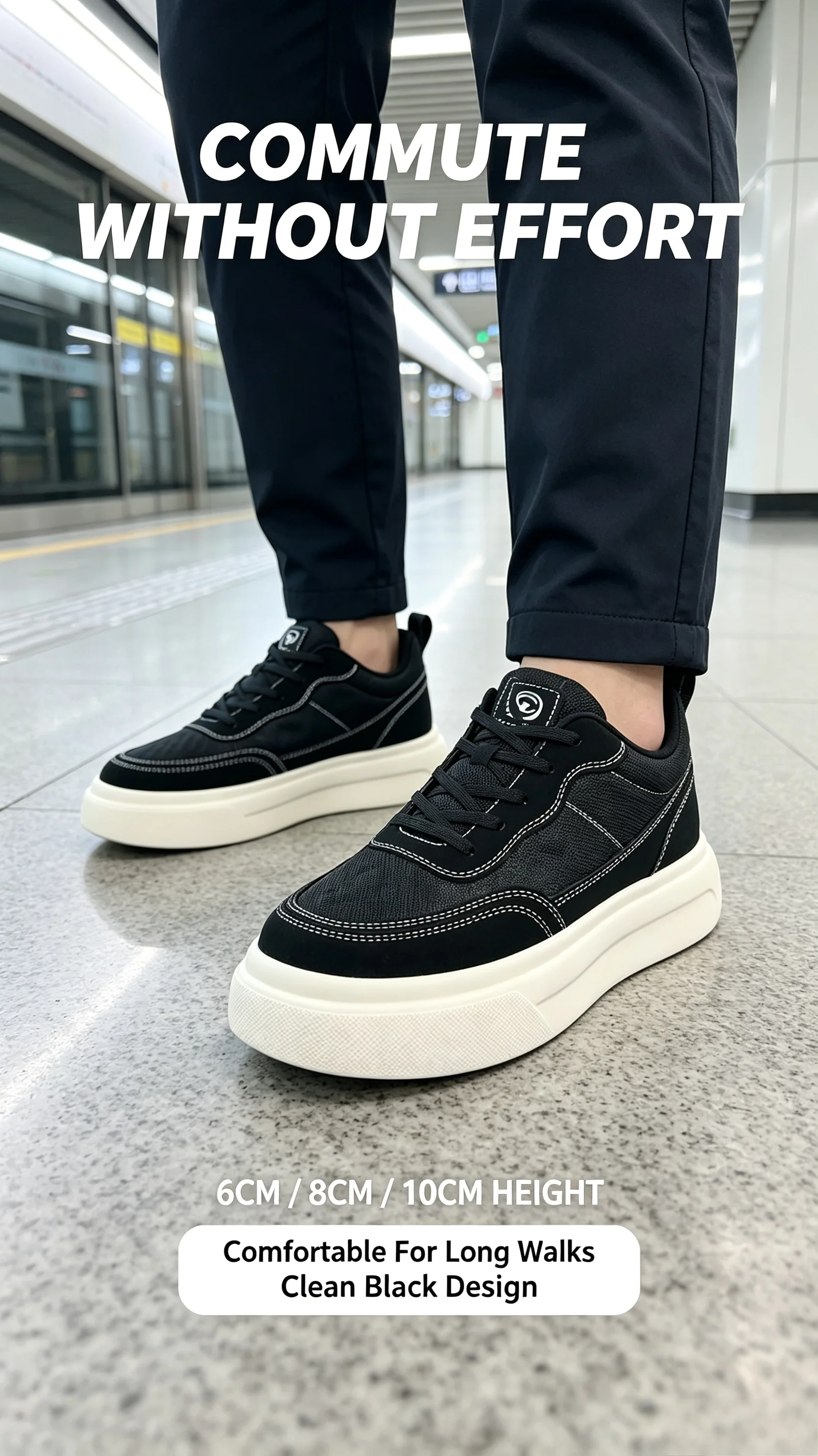 6-10CM Unsichtbare Höhenverlängerung Herren Plateau-Sneaker Schwarz Atmungsaktive Schnürschuhe Casual Höhenerhöhende Skate-Schuhe Alltagsschuhe zum Spazierengehen – Detail 6