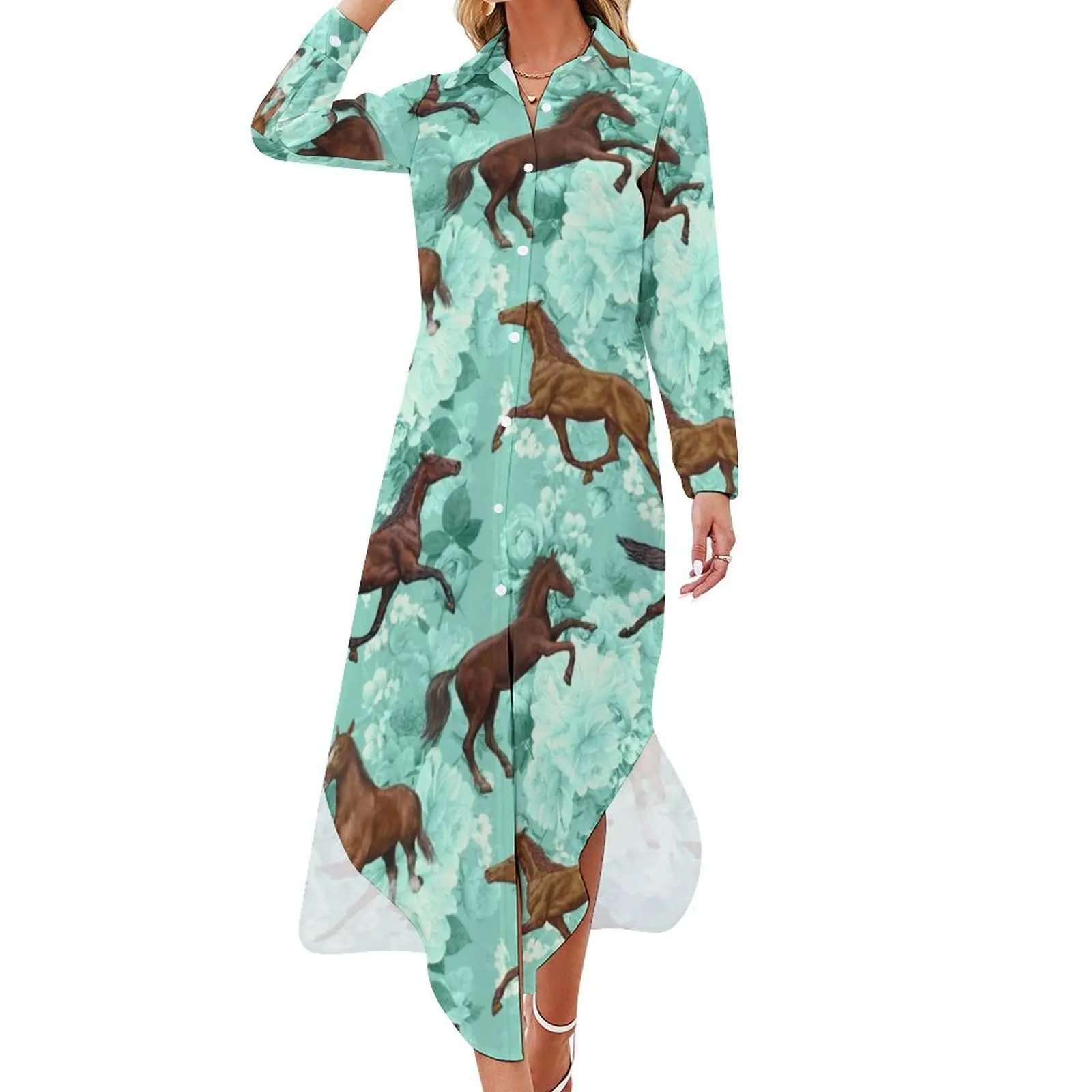 

Running Horses And Flowers Print Casual Dress Horse Lover Korean Style Dresses Long Sleeve Beach Chiffon Dress Oversize Clothing